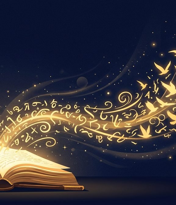 Open book of knowledge with golden letters rising