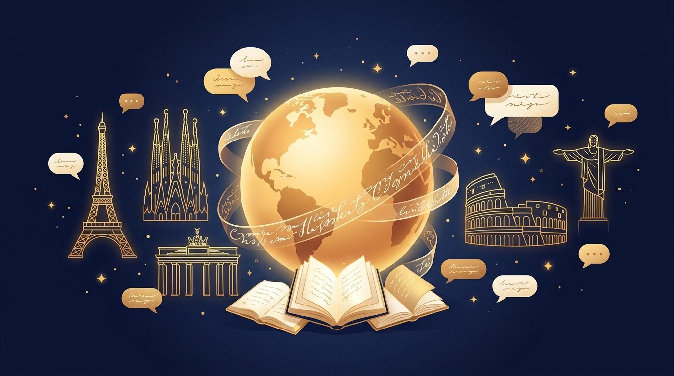 World languages — globes, books and flowing script